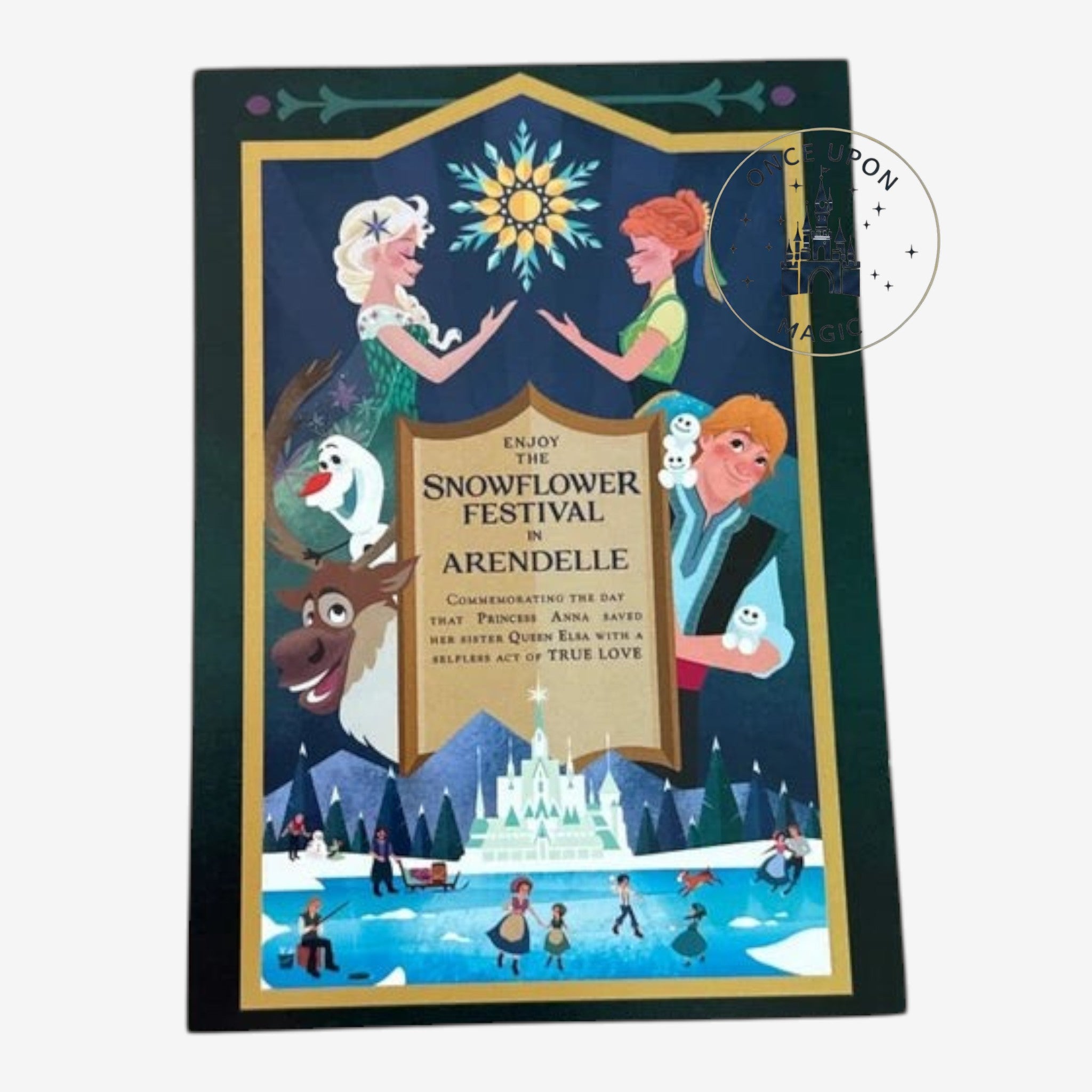 Once Upon Magic Frozen Snowflower Festival postcard featuring Anna, Elsa, Olaf, Kristoff, and Sven in Arendelle.