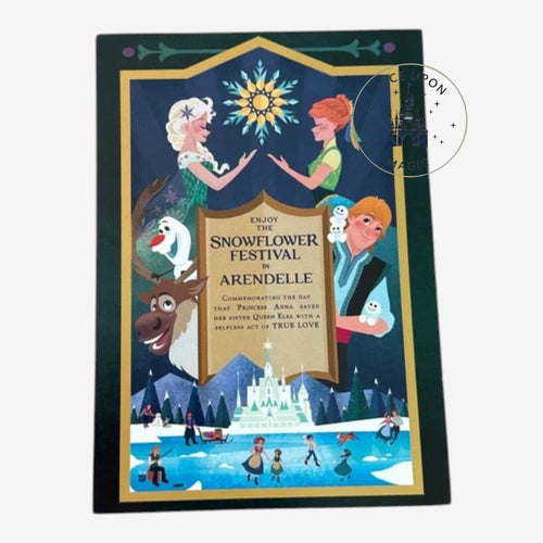 Once Upon Magic Frozen Snowflower Festival postcard featuring Anna, Elsa, Olaf, Kristoff, and Sven in Arendelle.