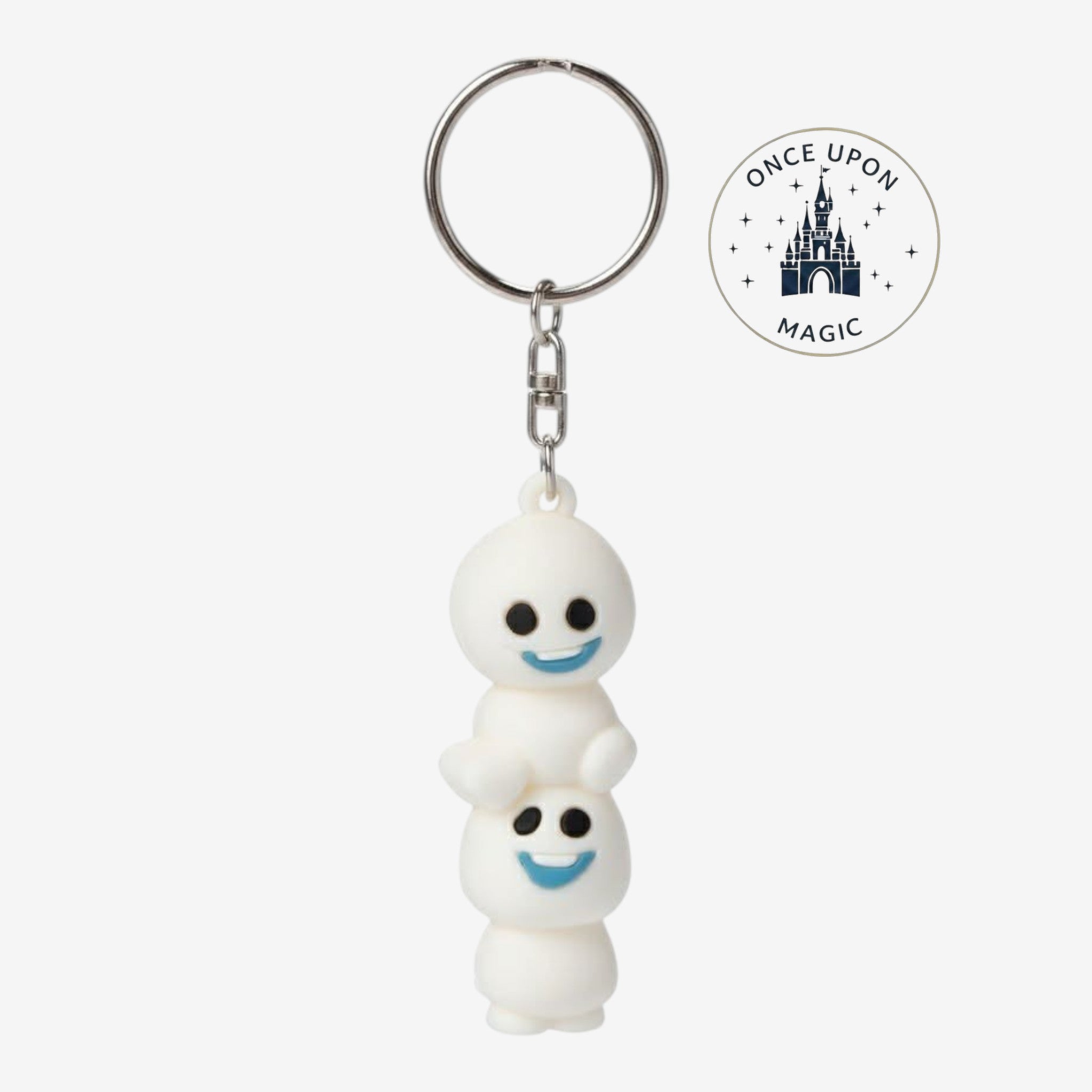 Once Upon Magic white stacked Snowgies keychain with blue smiles and black eyes, inspired by Disney's Frozen.