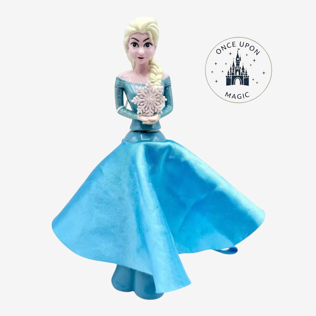 Once Upon Magic Frozen character handheld spinning fan featuring Elsa in a shimmering blue gown with a fabric skirt.