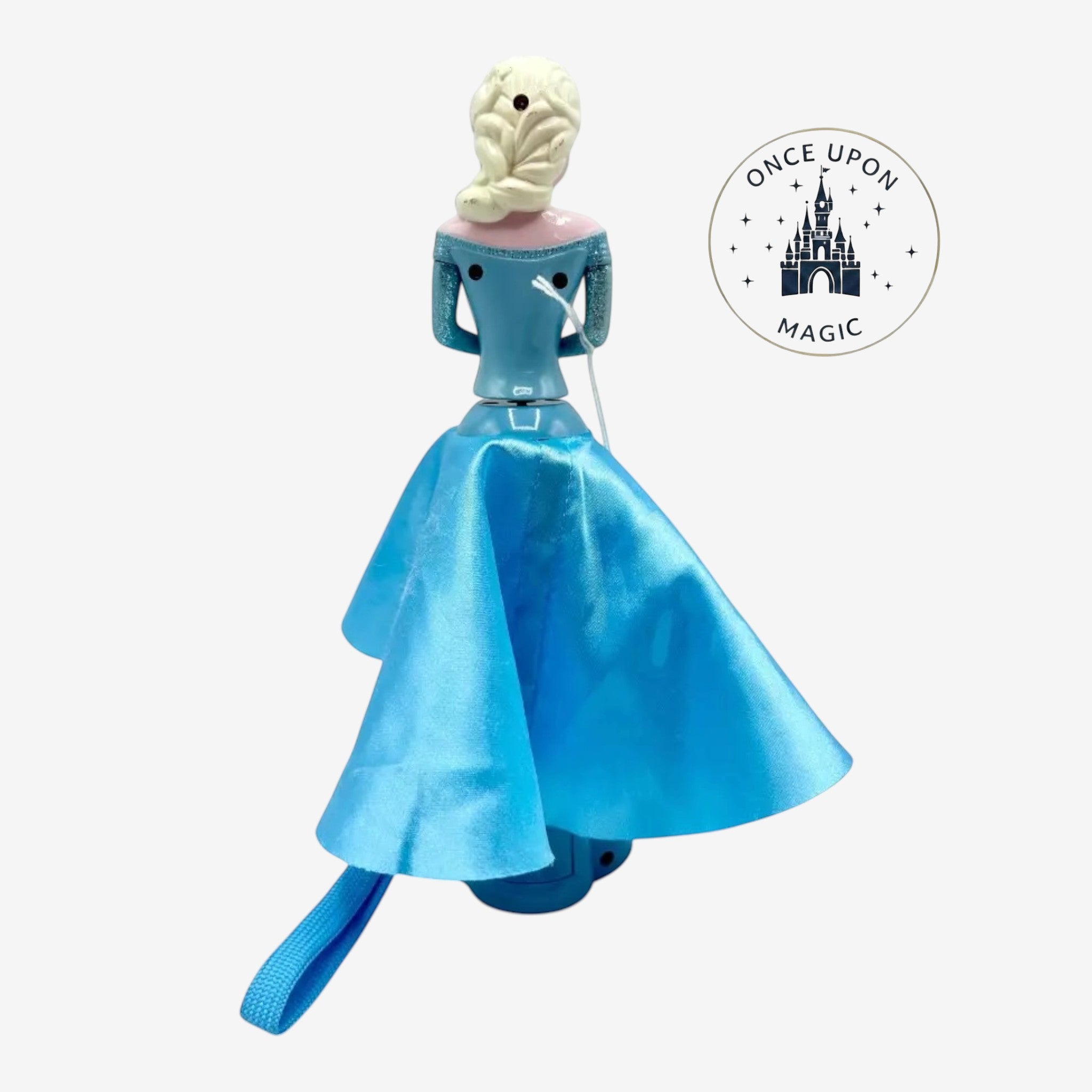 Once Upon Magic Frozen character handheld spinning fan with a shimmering blue satin skirt and wrist strap