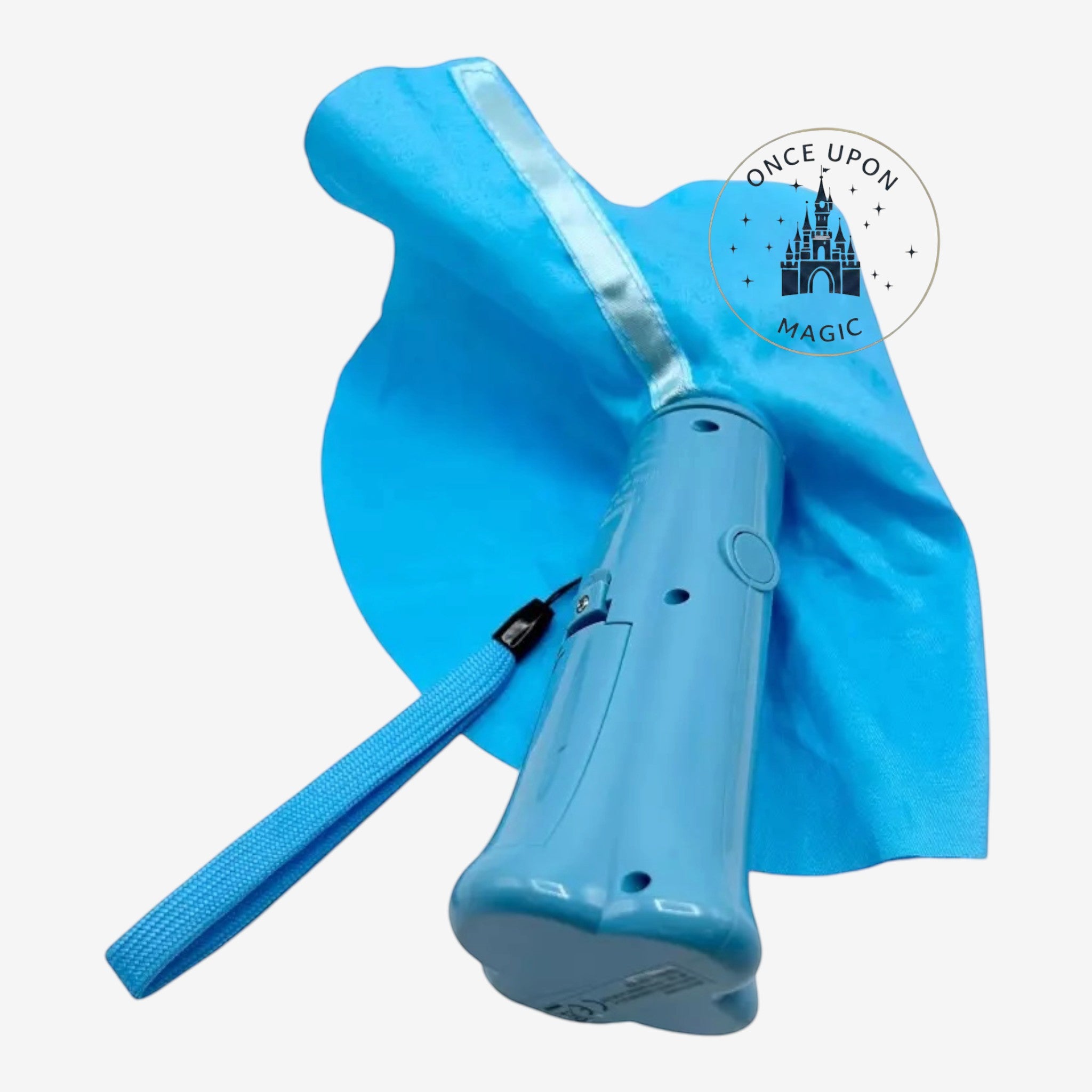 Once Upon Magic Frozen character handheld spinning fan with blue plastic handle, fabric skirt, and wrist strap.