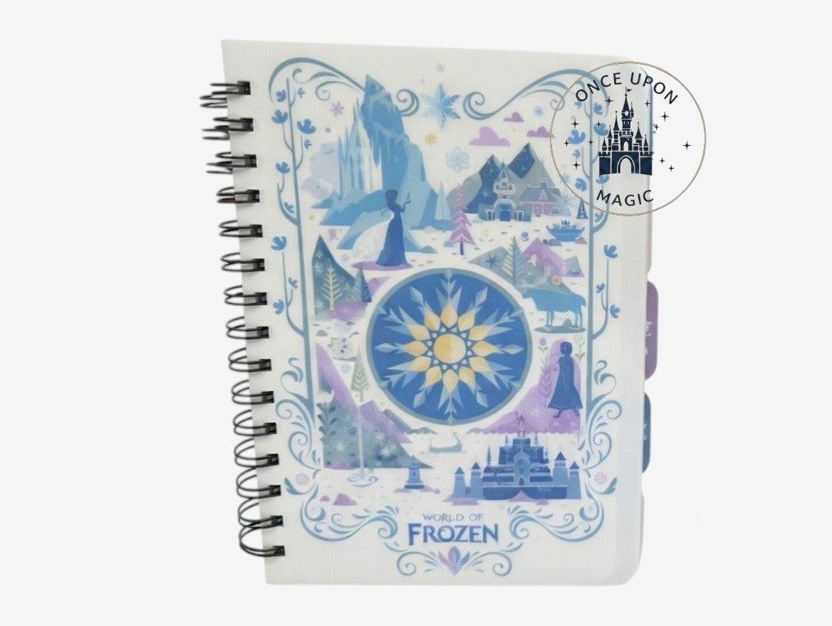 Once Upon Magic Frozen spiral notebook with Arendelle landscape illustrations and a central snowflake design.