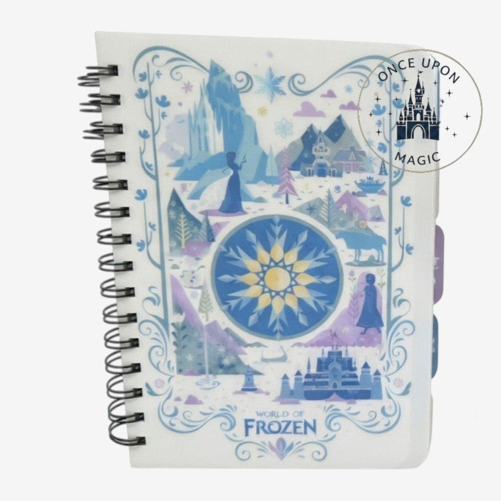 Once Upon Magic Frozen spiral notebook with Arendelle landscape illustrations and a central snowflake design.