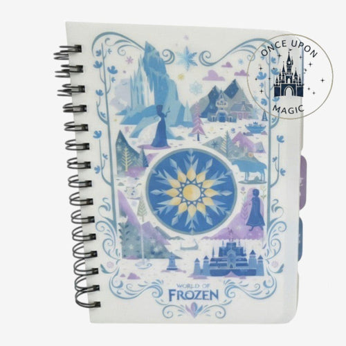 Once Upon Magic Frozen spiral notebook with Arendelle landscape illustrations and a central snowflake design.