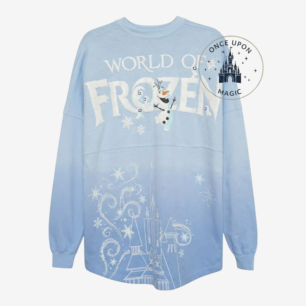 Once Upon Magic World of Frozen Spirit Jersey in light blue with Olaf, snowflake, and Arendelle castle graphics.