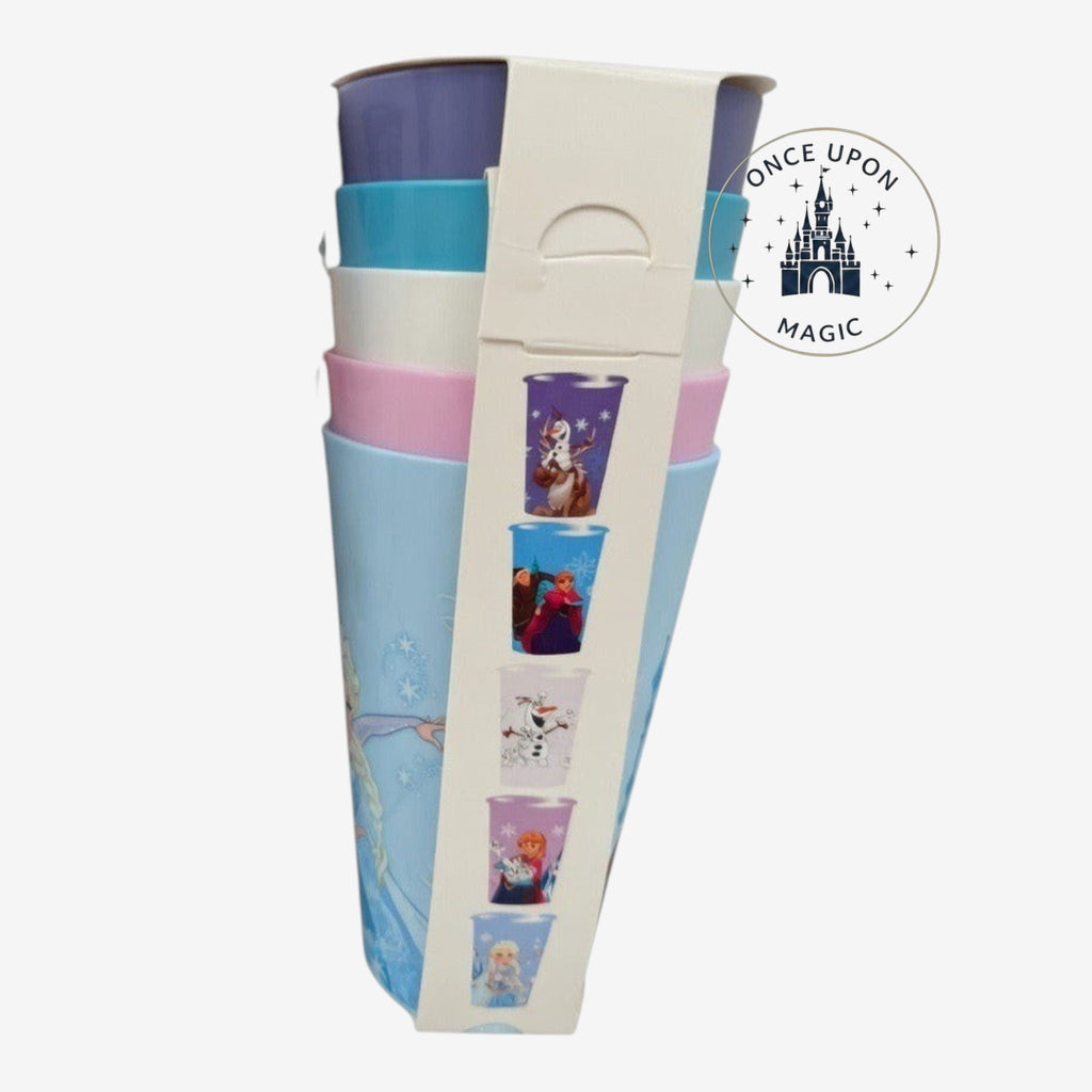Once Upon Magic set of 5 stackable Frozen cups featuring Elsa, Anna, and Olaf in pastel colors for kids.