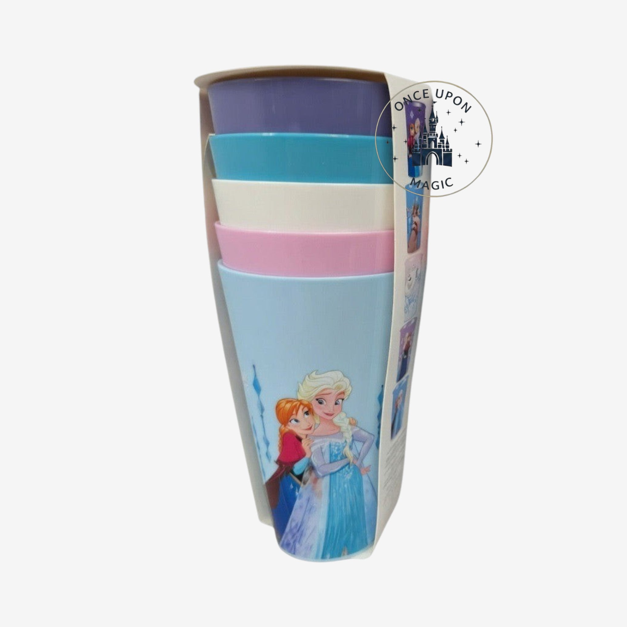 Once Upon Magic set of 5 stackable Frozen cups featuring Elsa, Anna, and Olaf in pastel colors for kids.
