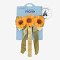 Once Upon Magic Frozen hair barrette with three yellow sunflower designs and green satin ribbons, inspired by Anna.