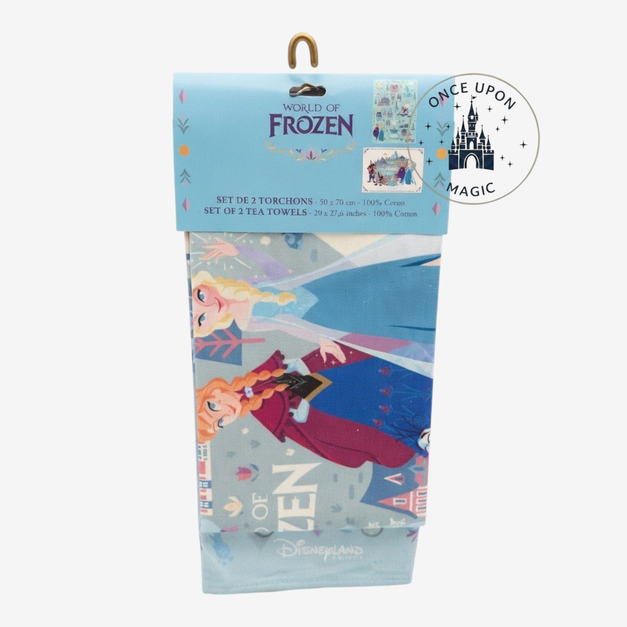 Once Upon Magic World of Frozen cotton tea towel set featuring Anna and Elsa illustrations in blue and purple tones.