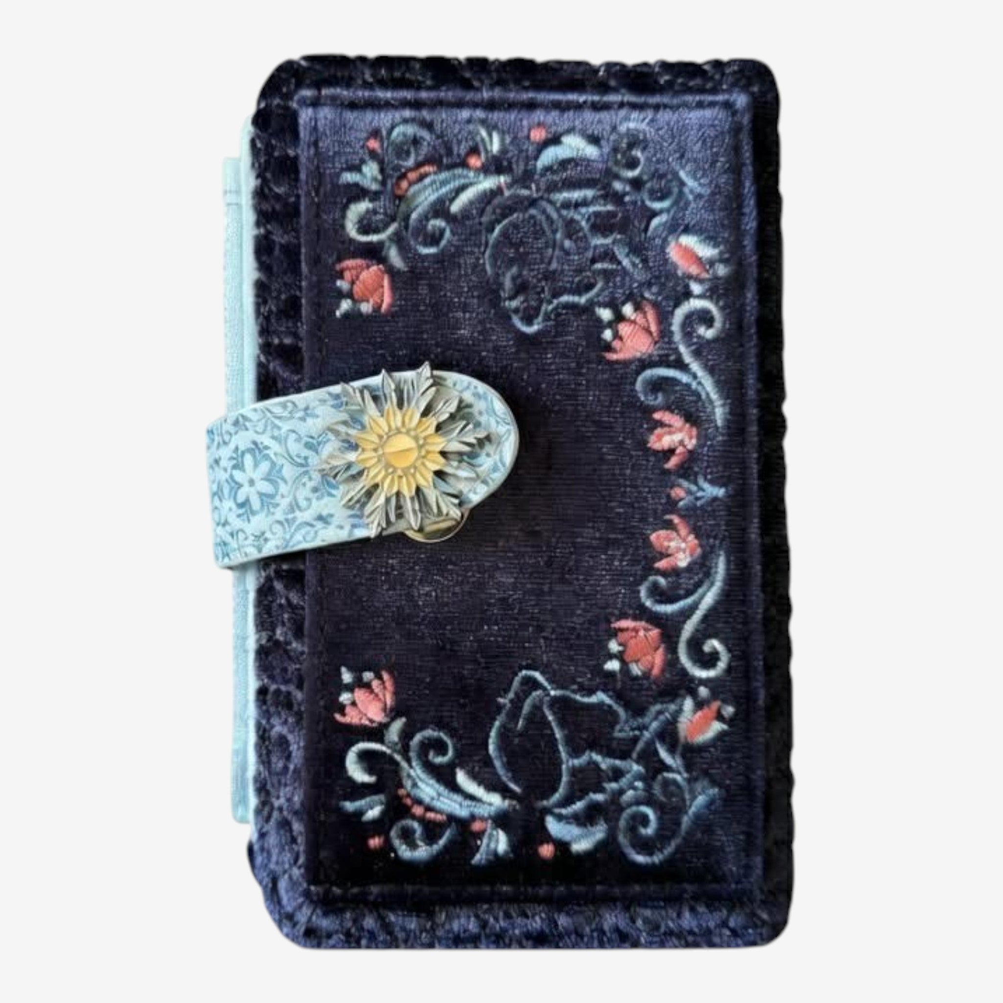 Once Upon Magic dark blue velvet wallet with Anna & Elsa floral embroidery and Arendelle sun clasp.