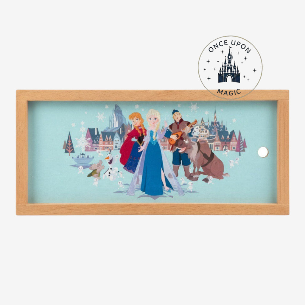 Once Upon Magic Frozen wooden domino box featuring Elsa, Anna, Olaf, Kristoff, and Sven in Arendelle