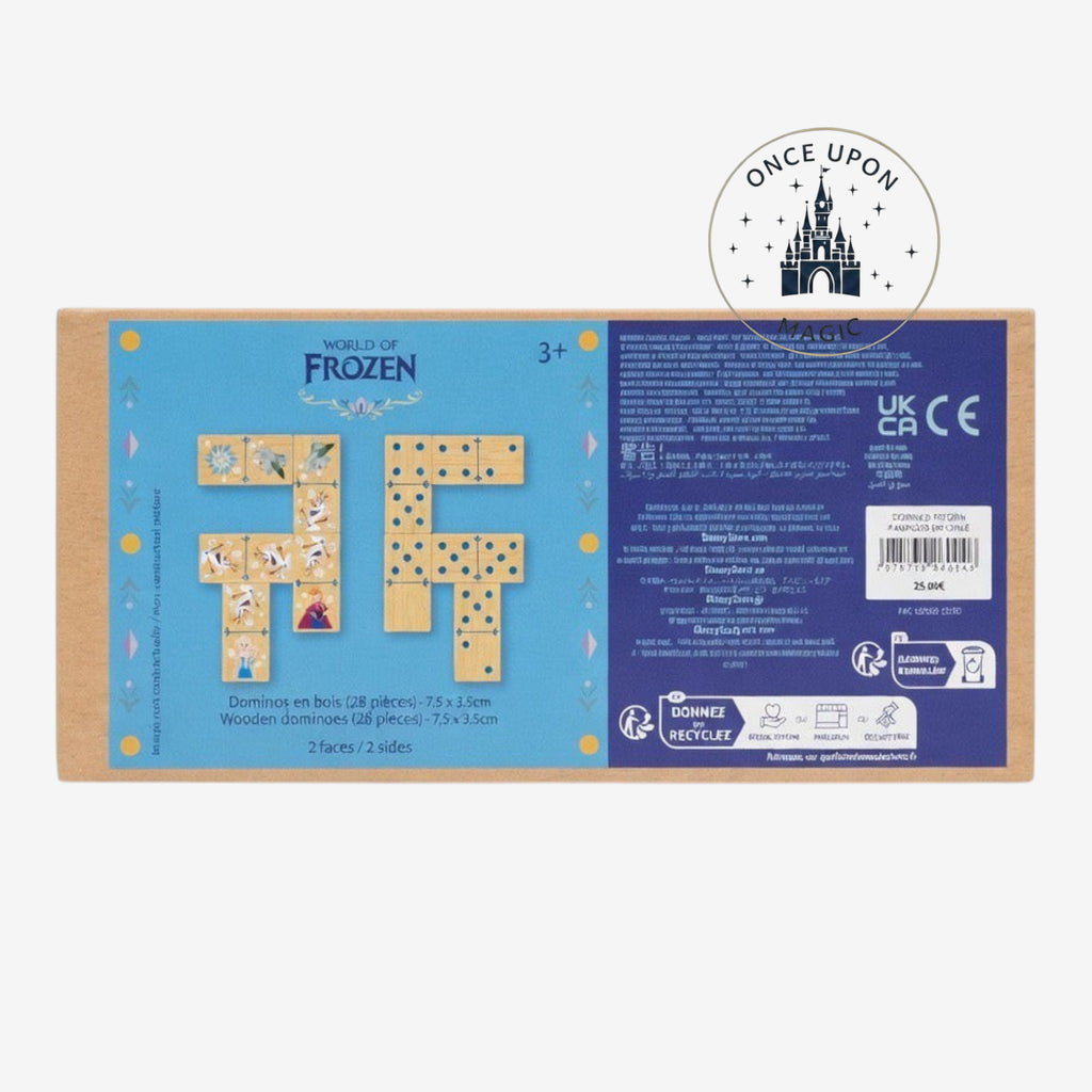 Once Upon Magic Frozen wooden domino set featuring Elsa, Anna, and Olaf illustrations in a decorative storage box.