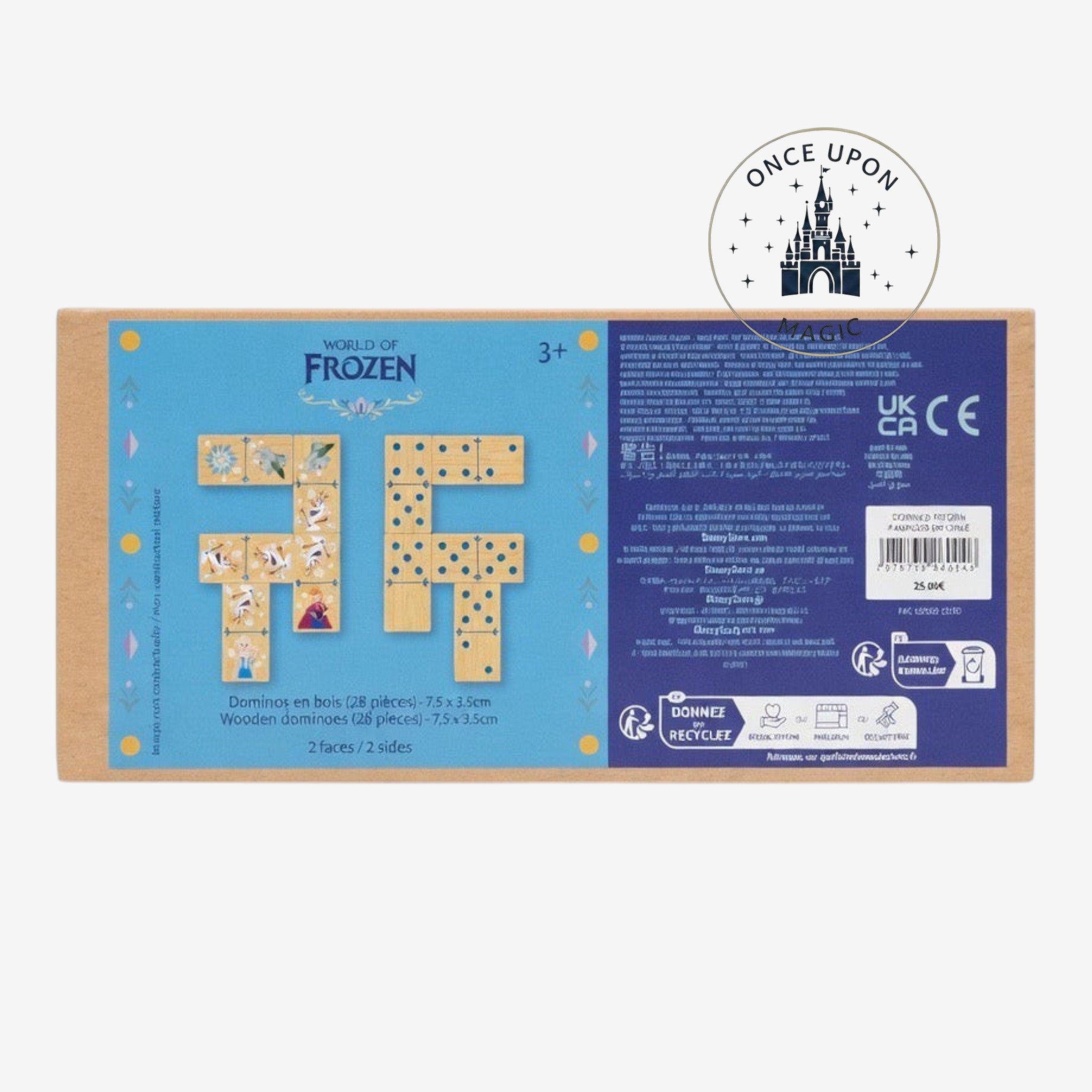 Once Upon Magic Frozen wooden domino set featuring Elsa, Anna, and Olaf illustrations in a decorative storage box.