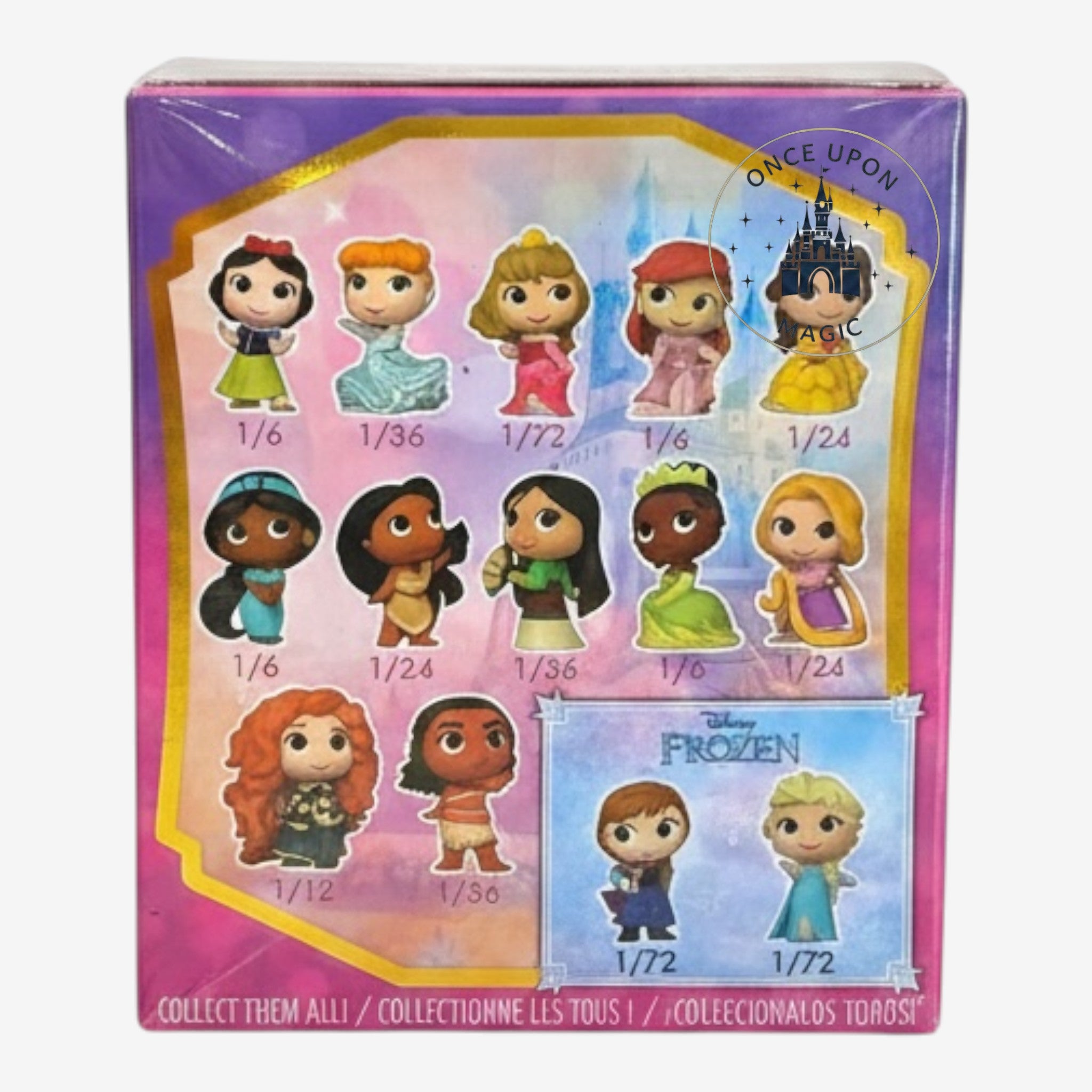Once Upon Magic Funko Mystery Minis Disney Princess collection box showing various character figurines and rarity odds