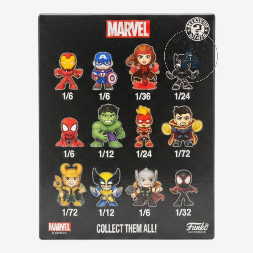 Once Upon Magic Funko Mystery Minis Marvel collection box back showing various chibi superhero figurines