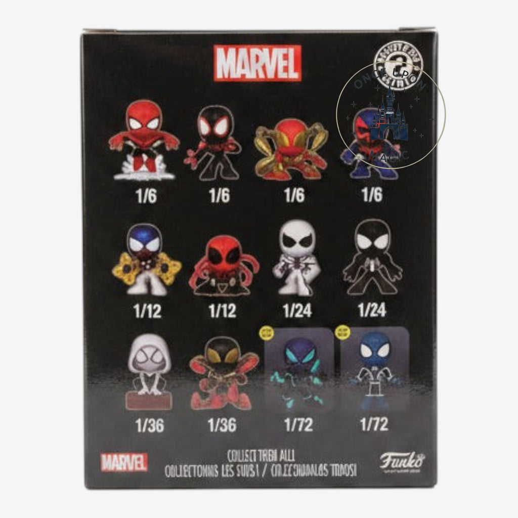 Once Upon Magic Funko Mystery Minis Marvel Spider-Man collection box back showing twelve assorted character figurines