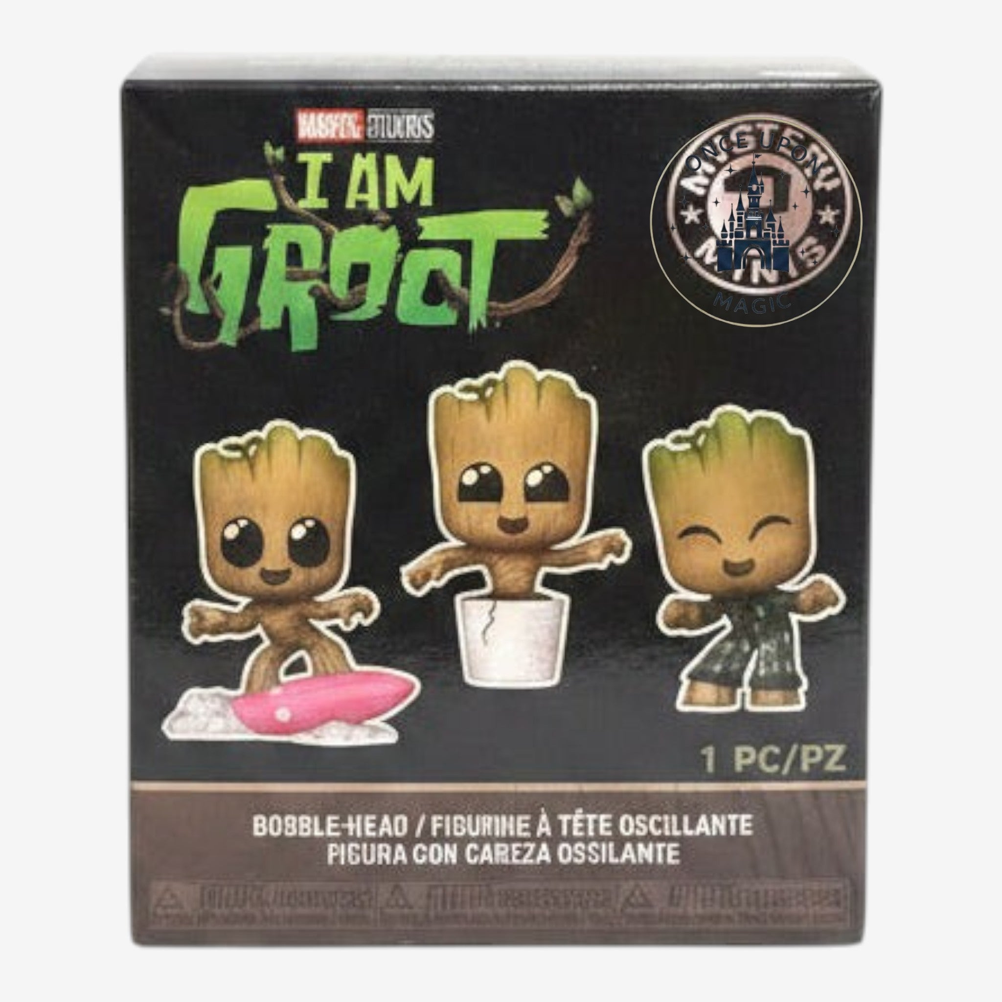Once Upon Magic Funko Mystery Minis I Am Groot surprise vinyl bobble-head box featuring three Groot character poses.