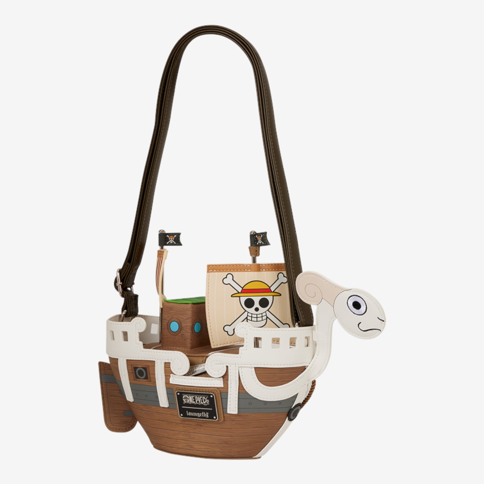 Once Upon Magic Loungefly One Piece Going Merry ship crossbody bag with ram figurehead and Jolly Roger sail