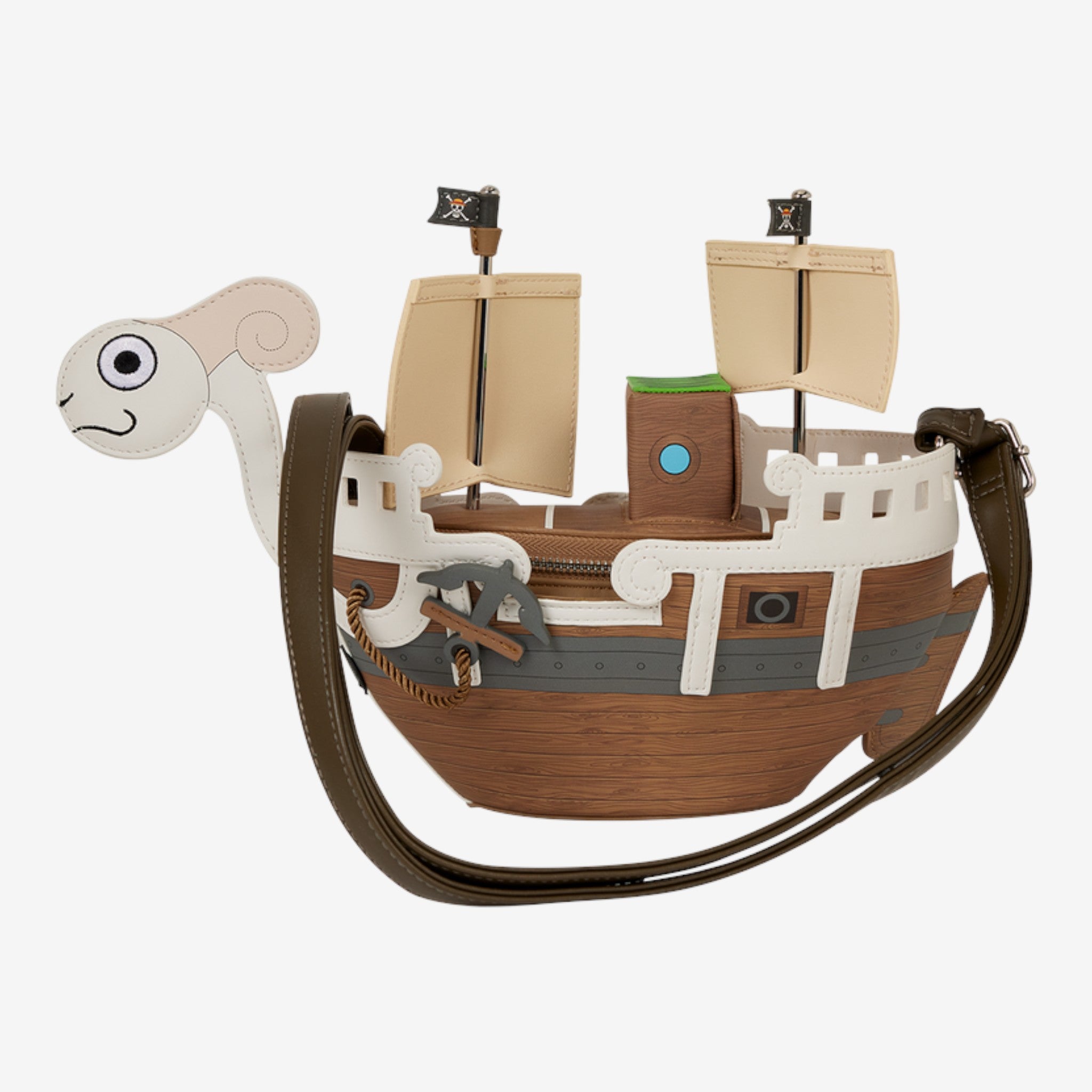 Once Upon Magic Loungefly One Piece Going Merry ship crossbody bag with ram figurehead and wood-grain vegan leather