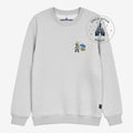 Once Upon Magic grey heather crewneck sweatshirt with embroidered Goofy and Donald Duck on the chest.