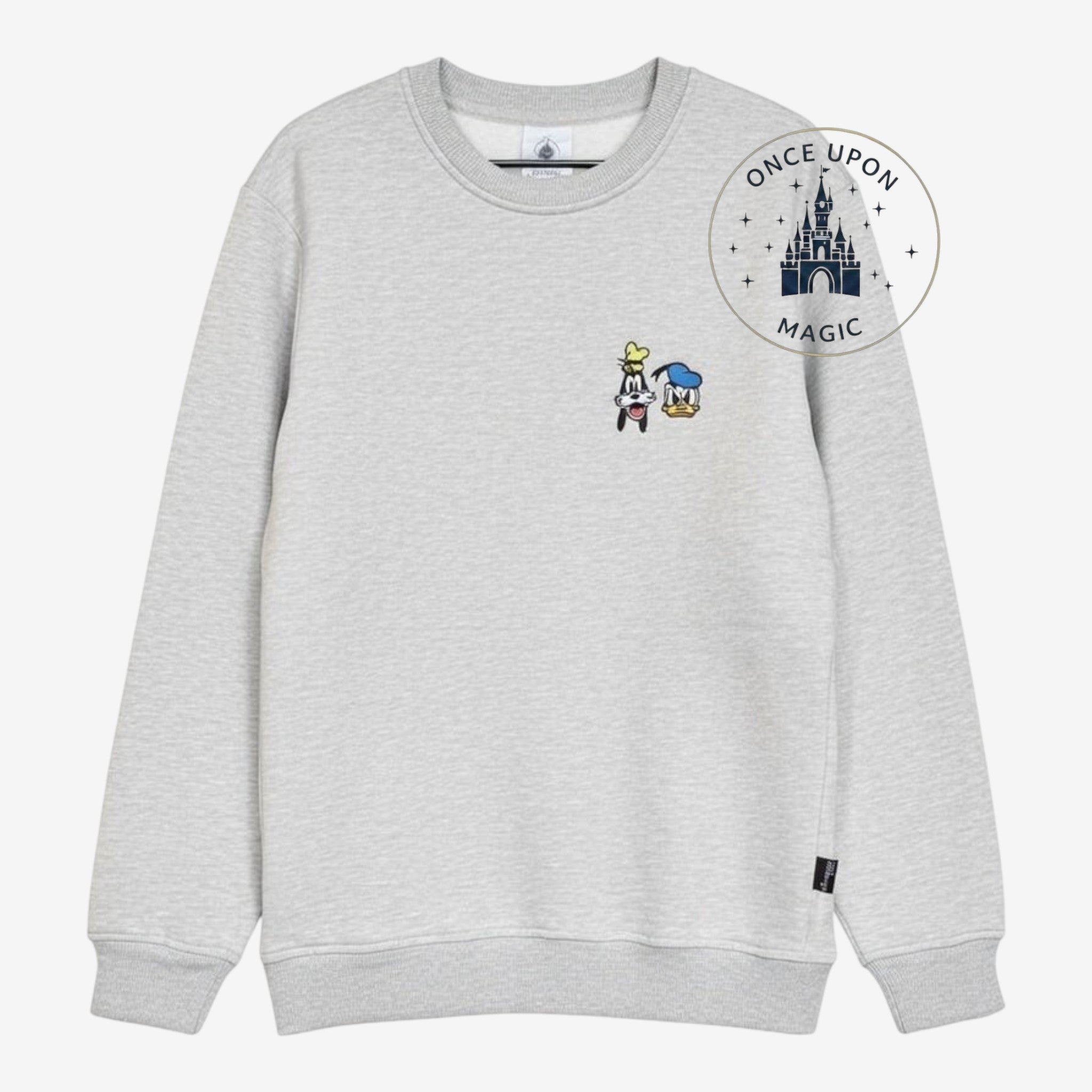 Once Upon Magic grey heather crewneck sweatshirt with embroidered Goofy and Donald Duck on the chest.