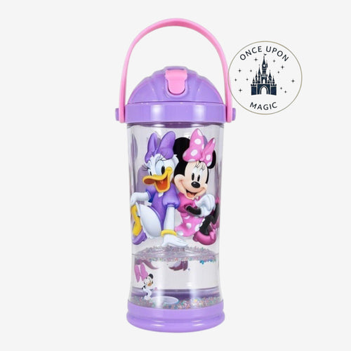 Gourde enfant Once Upon Magic Minnie Mouse et Daisy Duck avec paillettes, couvercle violet et anse rose.