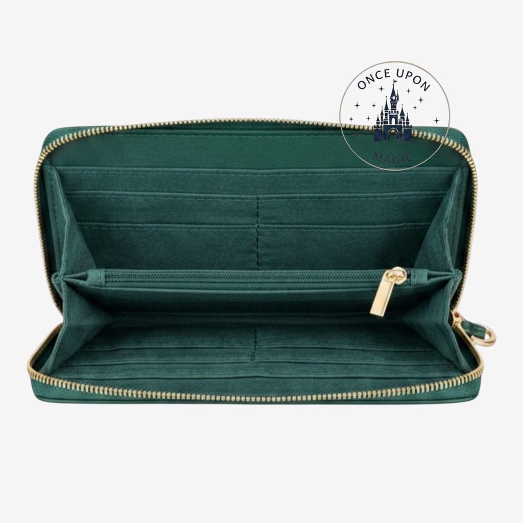 Once Upon Magic green crossbody wallet with Fée Clochette design, gold zipper, and multiple card slots.