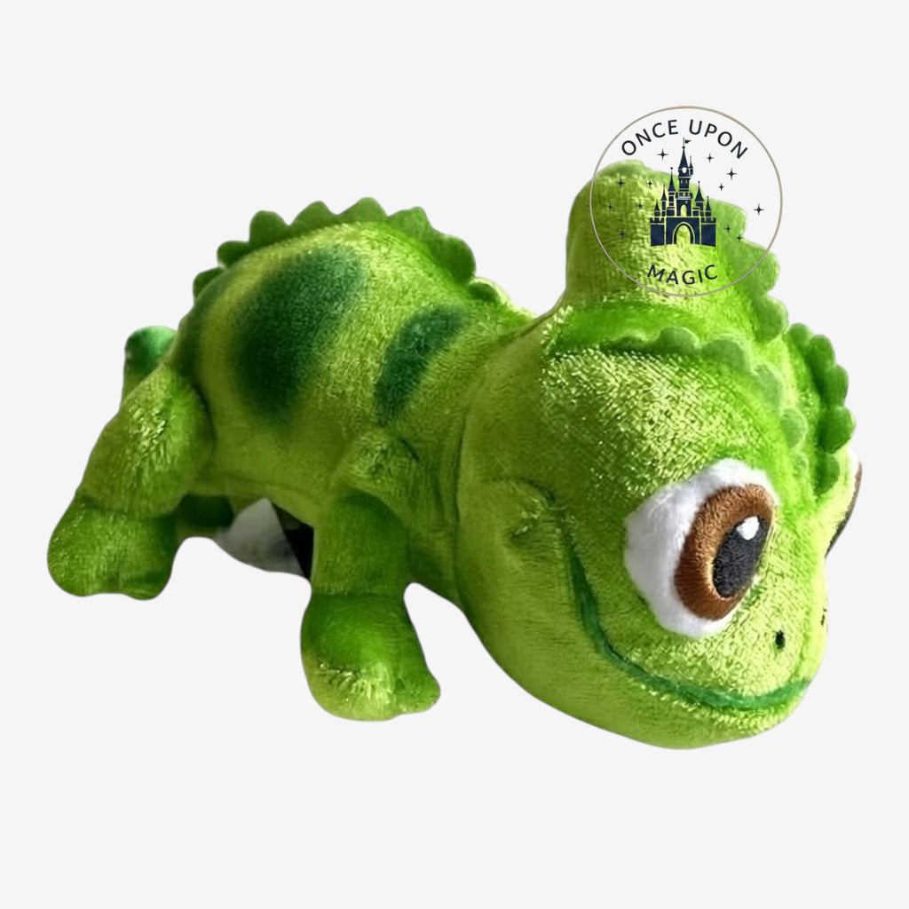 Once Upon Magic soft plush chameleon stuffed animal in vibrant green with detailed textures and large expressive eyes.