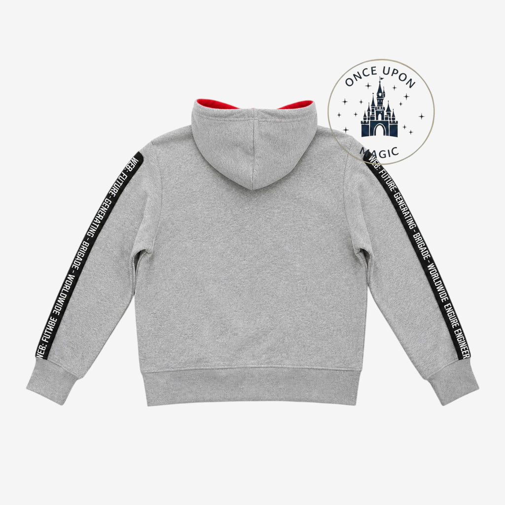 Once Upon Magic grey cotton blend hoodie with red lining and black tape detail on sleeves.