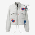 Once Upon Magic light grey cropped zip-up jacket with spider appliques and chest pockets.