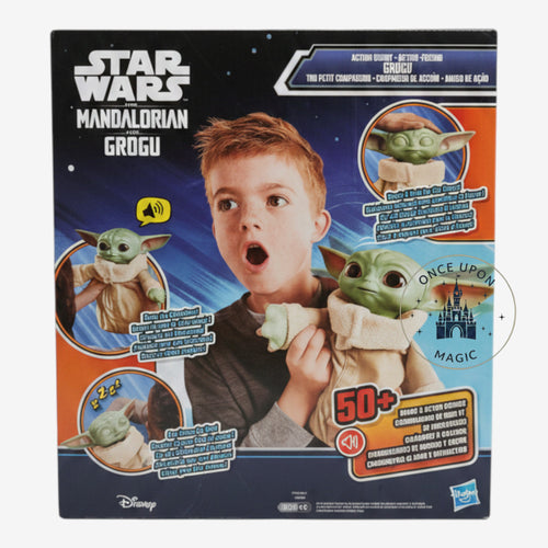 Once Upon Magic Grogu action figure packaging featuring a young boy and interactive Baby Yoda toy from The Mandalorian