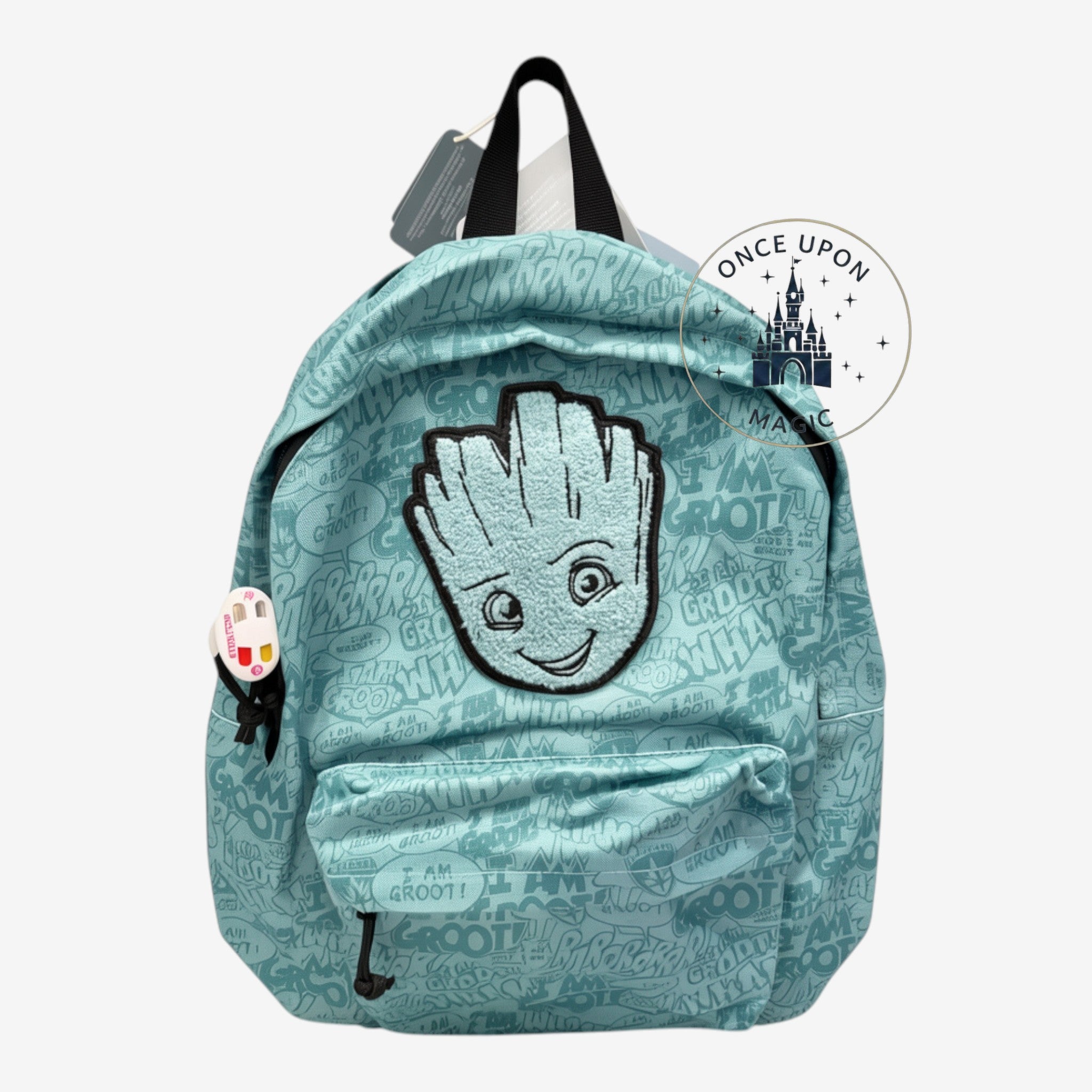 Once Upon Magic light blue Groot backpack featuring an all-over comic book style print and a large Groot patch.