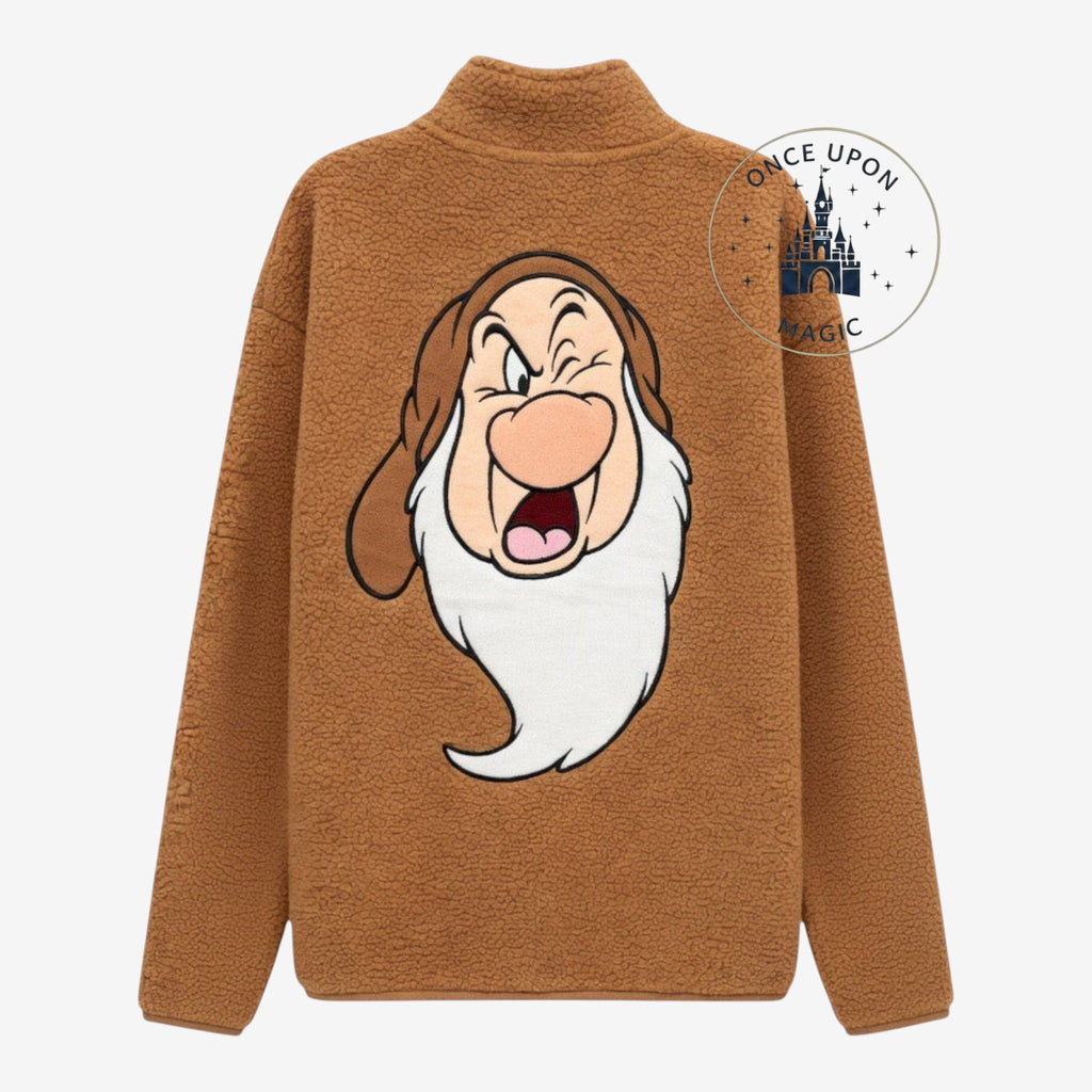 Once Upon Magic brown Grumpy fleece sweatshirt with half-zip and embroidered logo. Features Grumpy graphic on back.