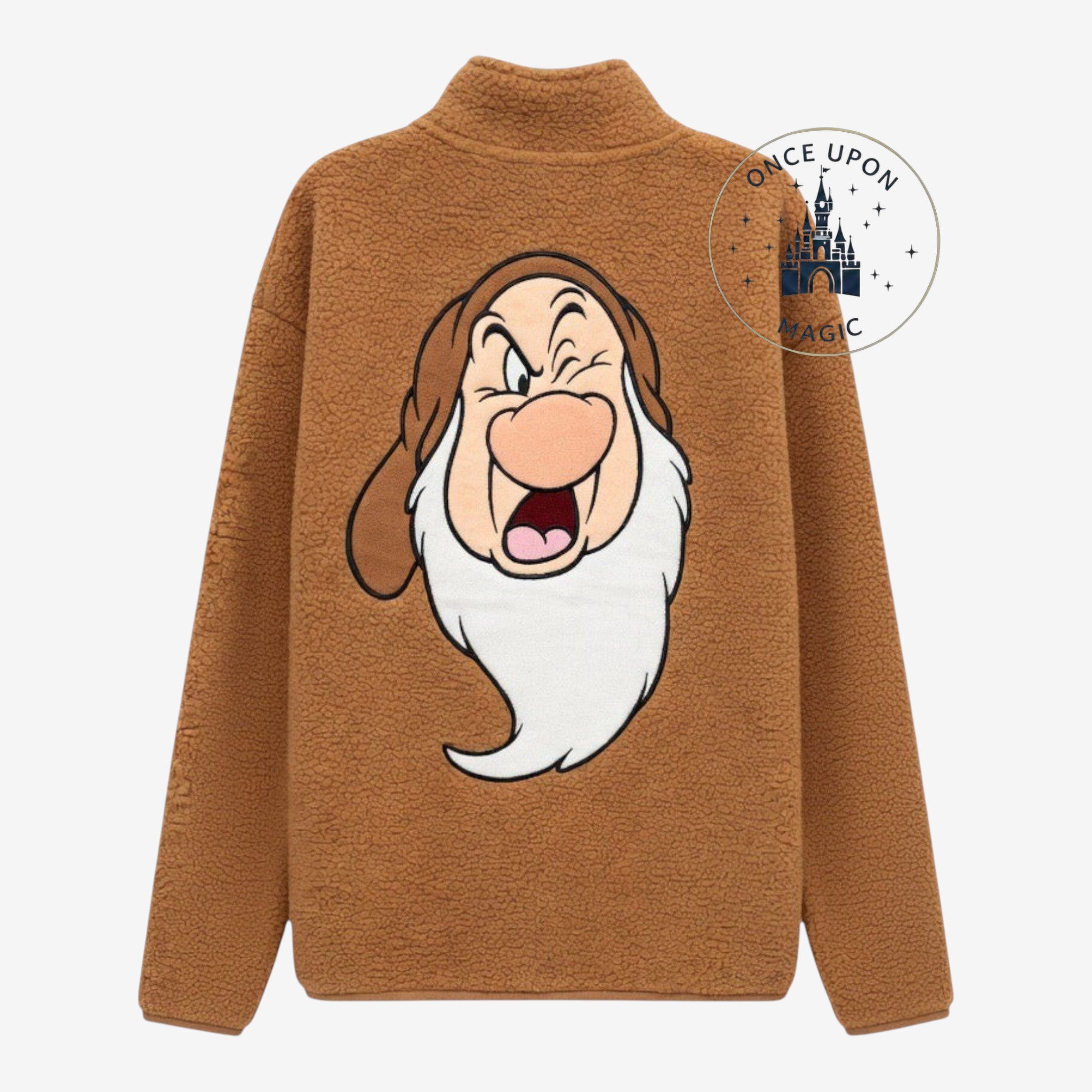 Once Upon Magic brown Grumpy fleece sweatshirt with half-zip and embroidered logo. Features Grumpy graphic on back.