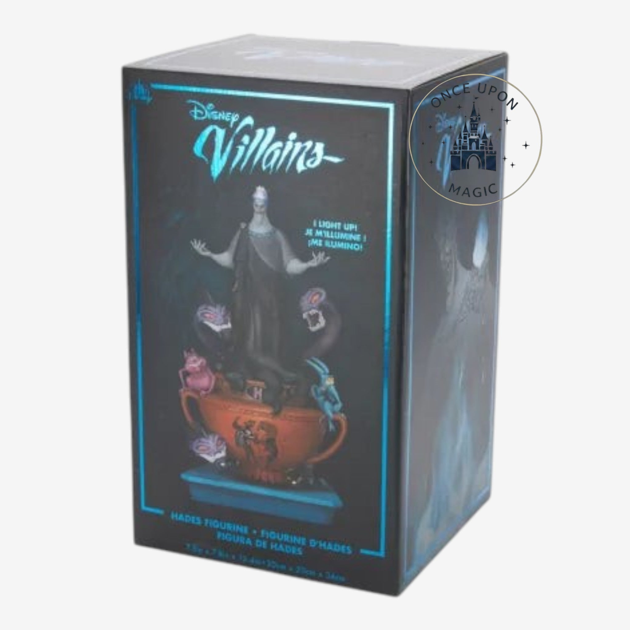 Once Upon Magic collectible Disney Villains Hades light-up figurine box featuring Pain, Panic, and the Hydra.