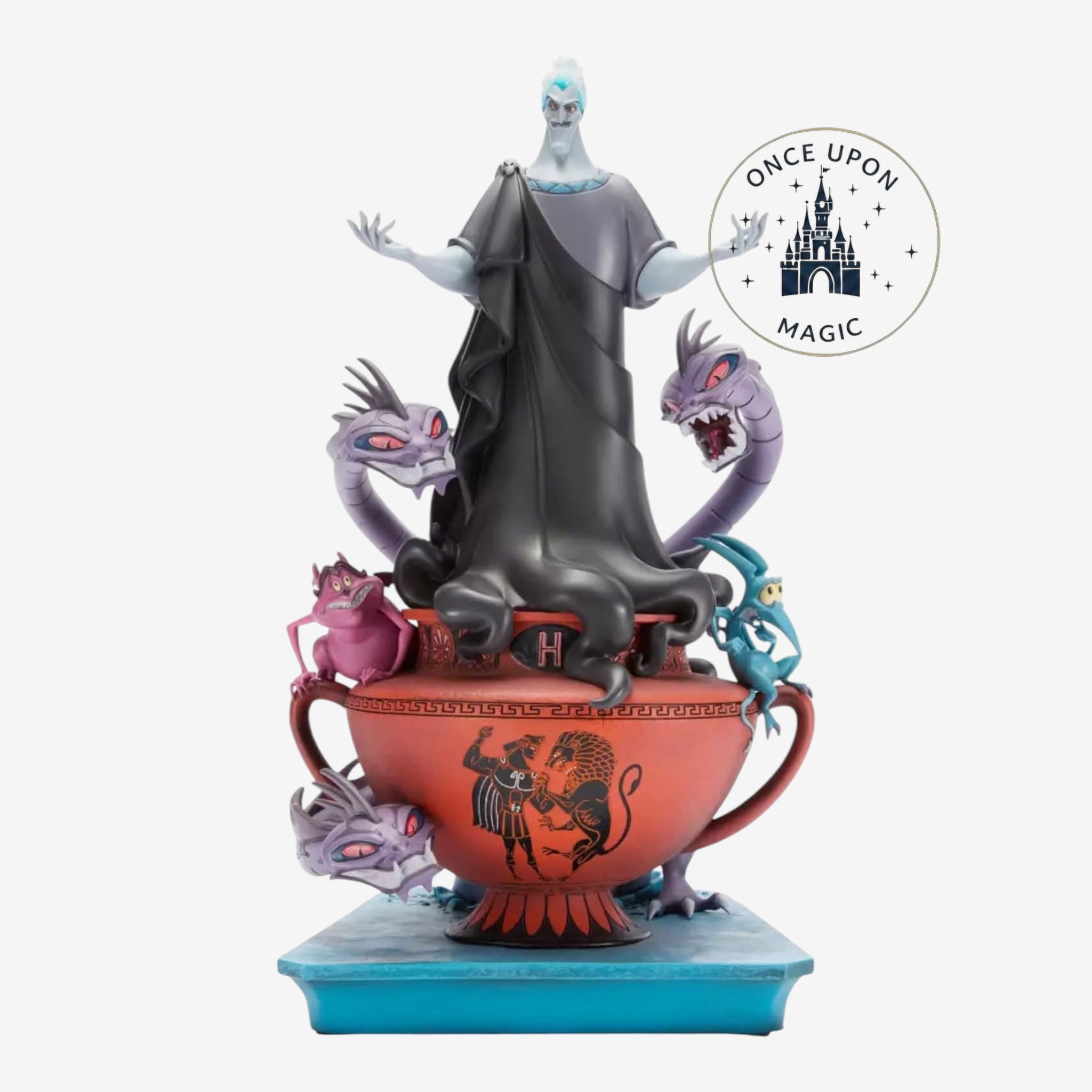 Once Upon Magic Disney Villains Hades, Pain, Panic, and Hydra light-up resin figurine from Hercules on a marble base.