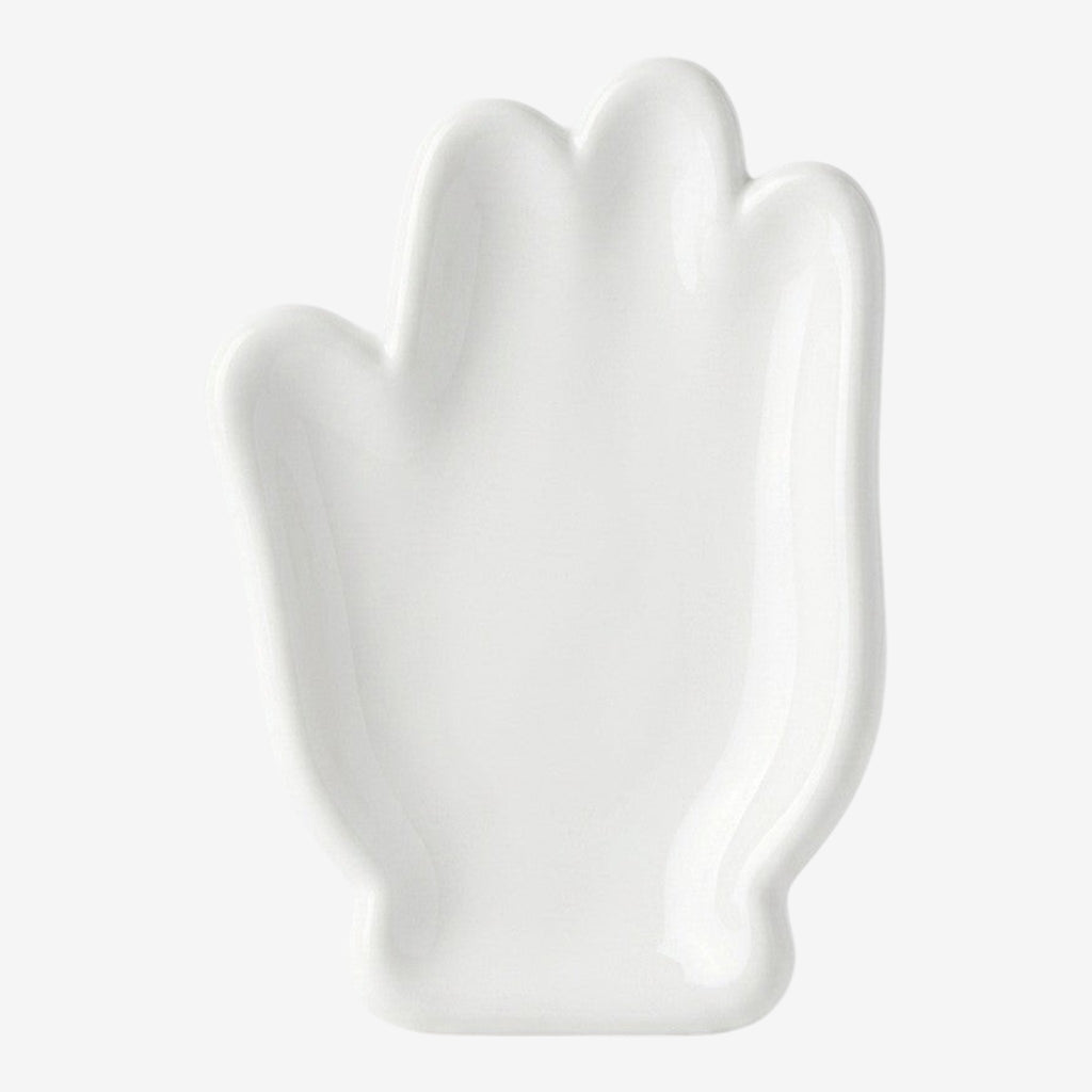Once Upon Magic hand-shaped ceramic trinket dish, glossy white finish, perfect for keys or jewelry.