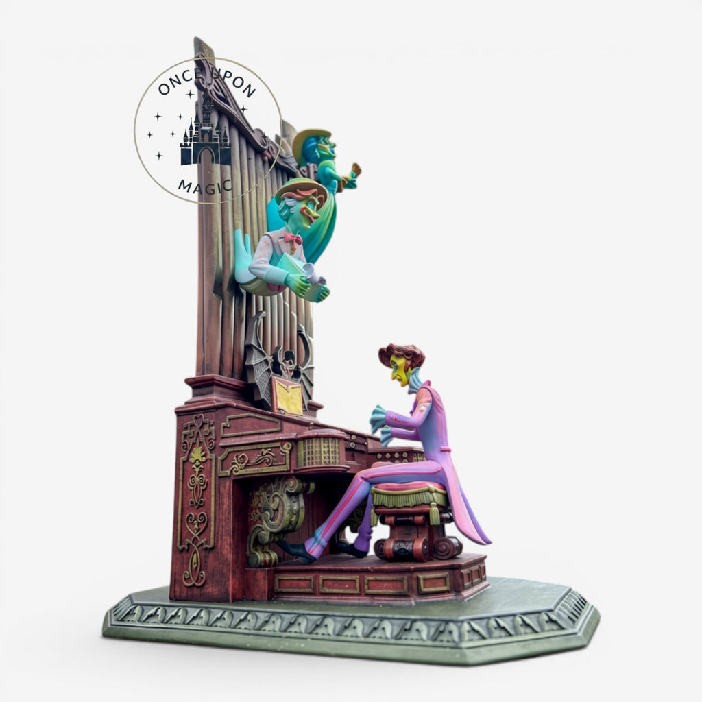 Once Upon Magic Haunted Mansion organ figurine featuring a pianist and ghostly figures in a detailed gothic style.