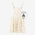 Her Universe cream overall shorts with all-over grey Mickey Mouse print. Lightweight fabric, adjustable straps.