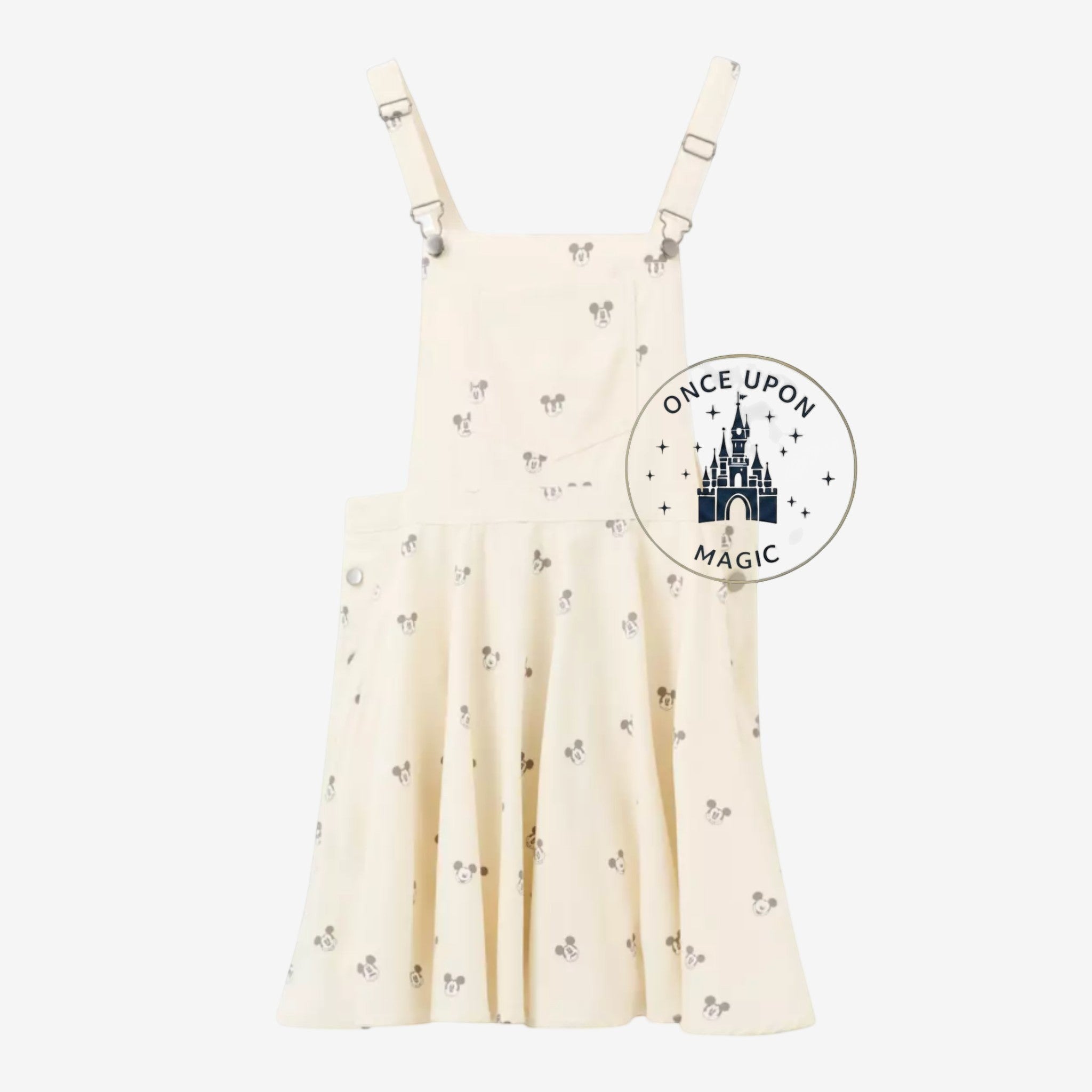 Her Universe cream overall shorts with all-over grey Mickey Mouse print. Lightweight fabric, adjustable straps.
