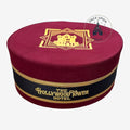 Once Upon Magic burgundy pillbox hat featuring The Hollywood Tower Hotel gold embroidery and black ribbon trim