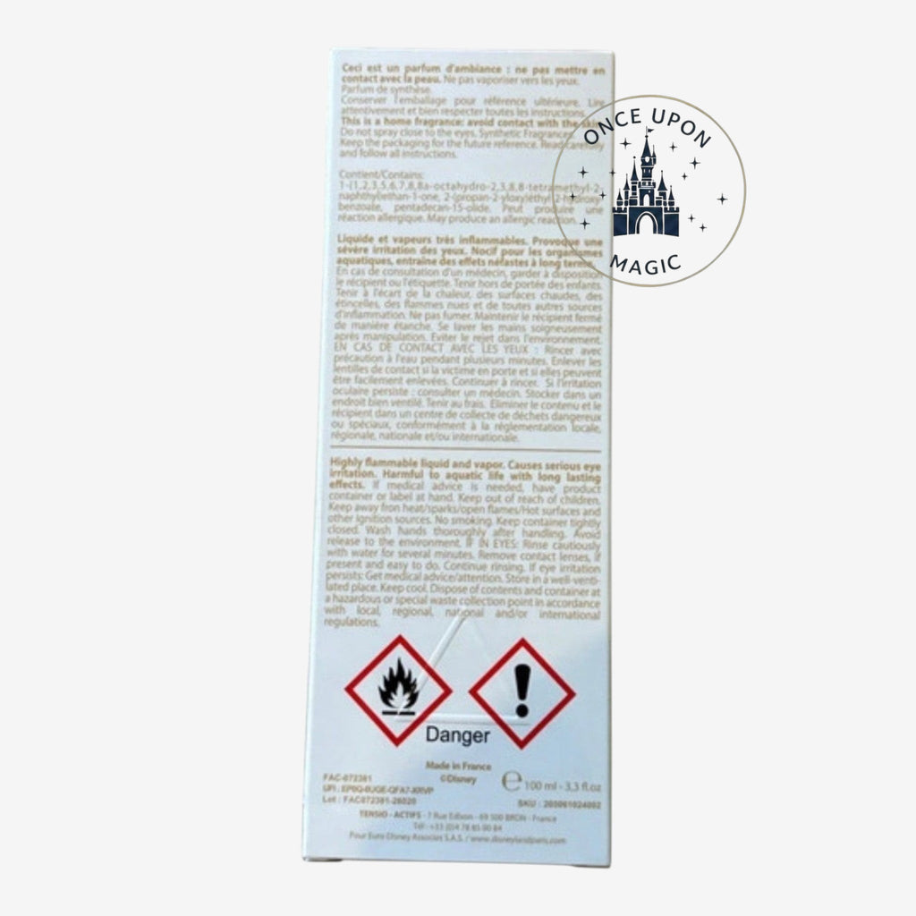 Once Upon Magic home fragrance spray bottle with warning labels and ingredient list. 100ml.