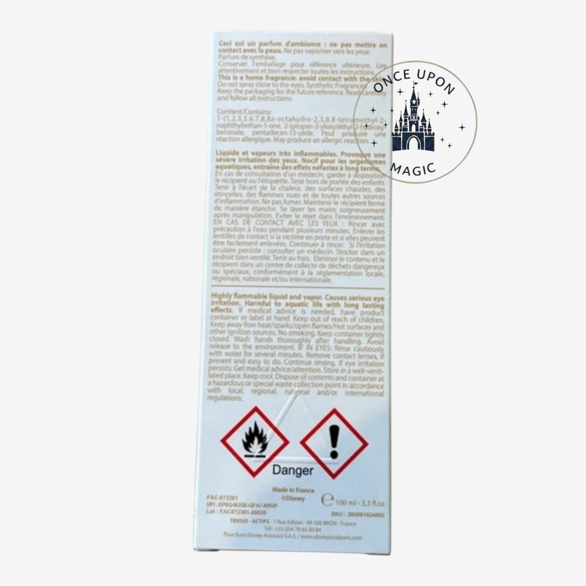 Once Upon Magic home fragrance spray bottle with warning labels and ingredient list. 100ml.