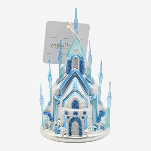 Once Upon Magic Arribo Ice Castle Ornament with shimmering silver, icy blue hues, glitter accents, and delicate spires.