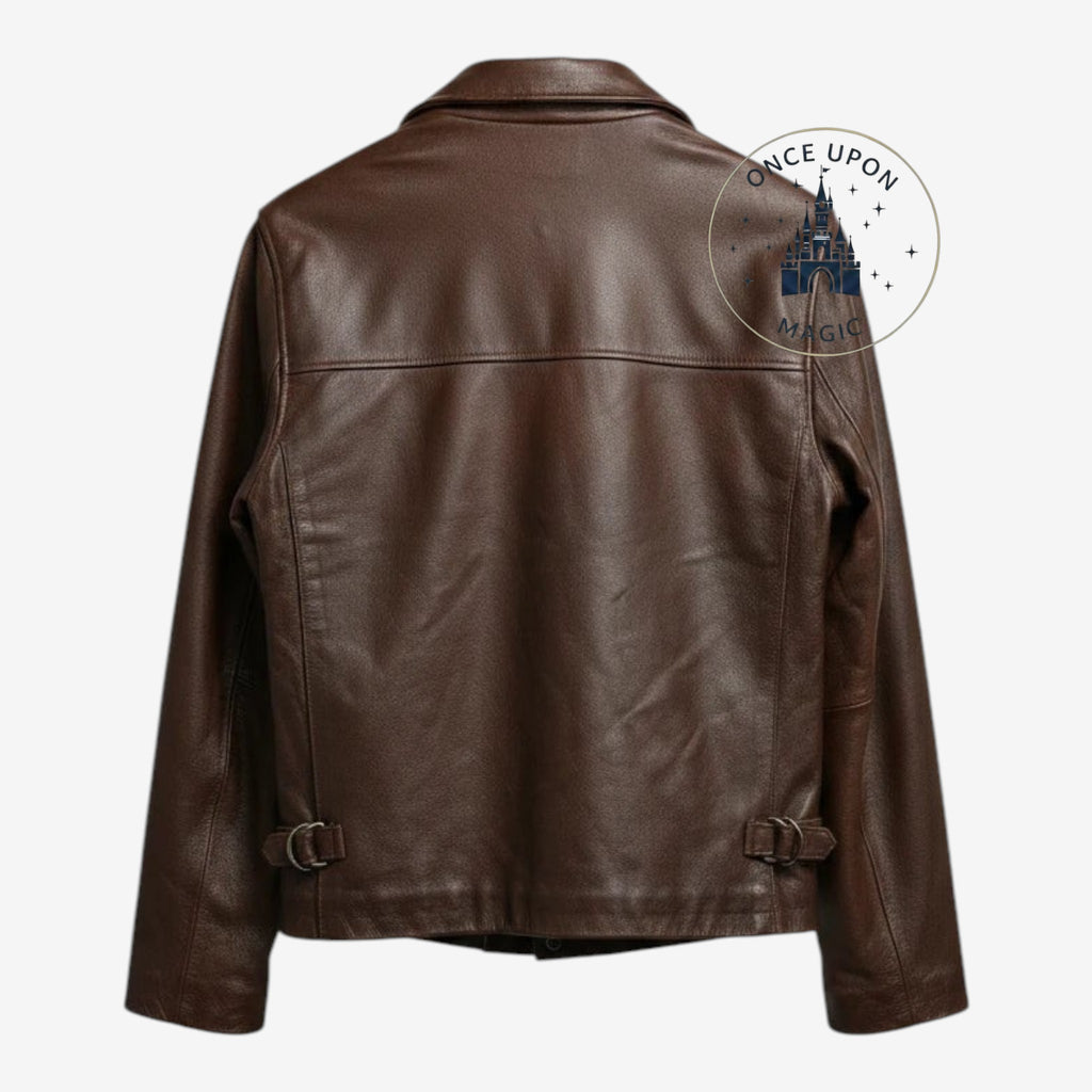 Once Upon Magic premium brown leather Indiana Jones collector jacket, back view with adjustable side buckles.