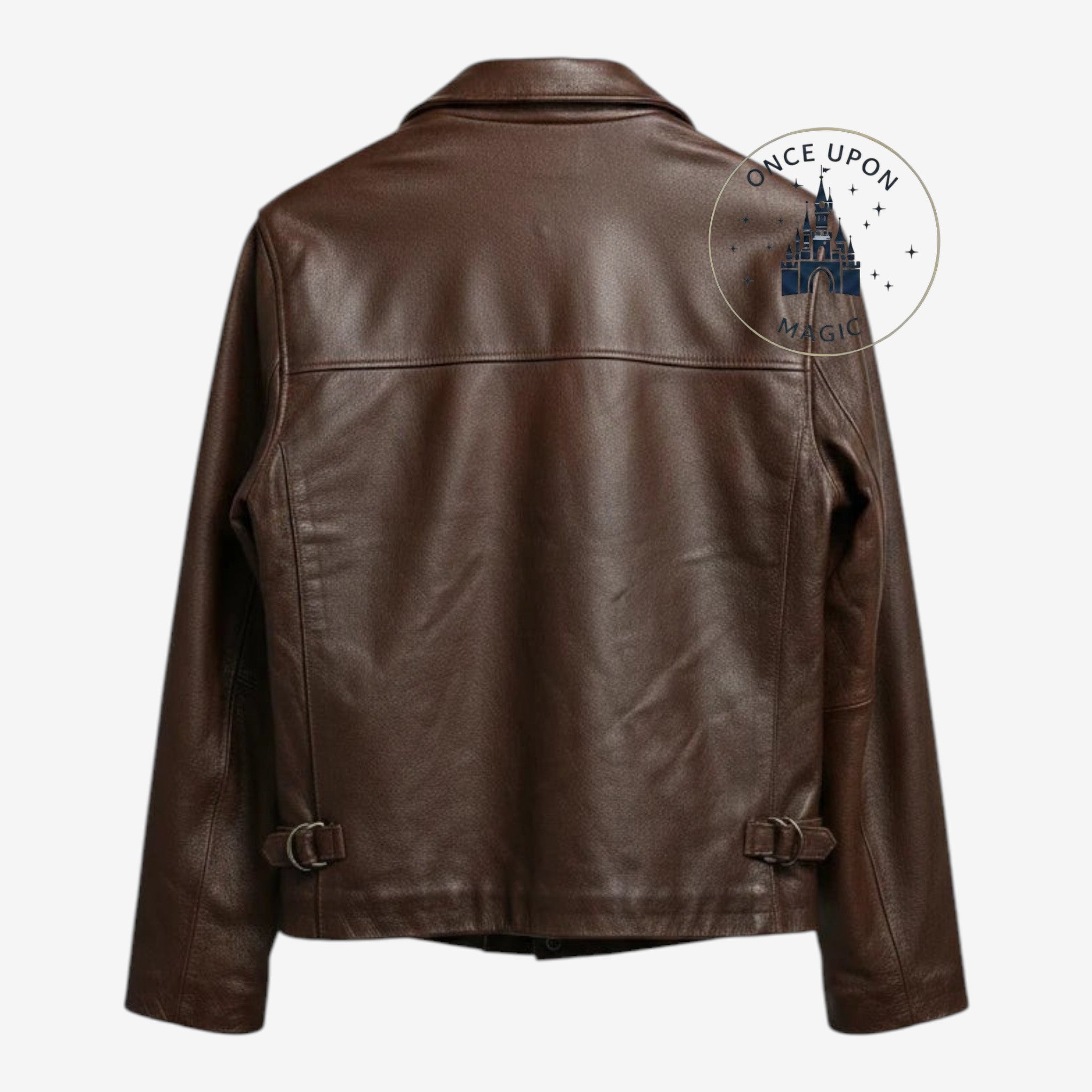 Once Upon Magic premium brown leather Indiana Jones collector jacket, back view with adjustable side buckles.