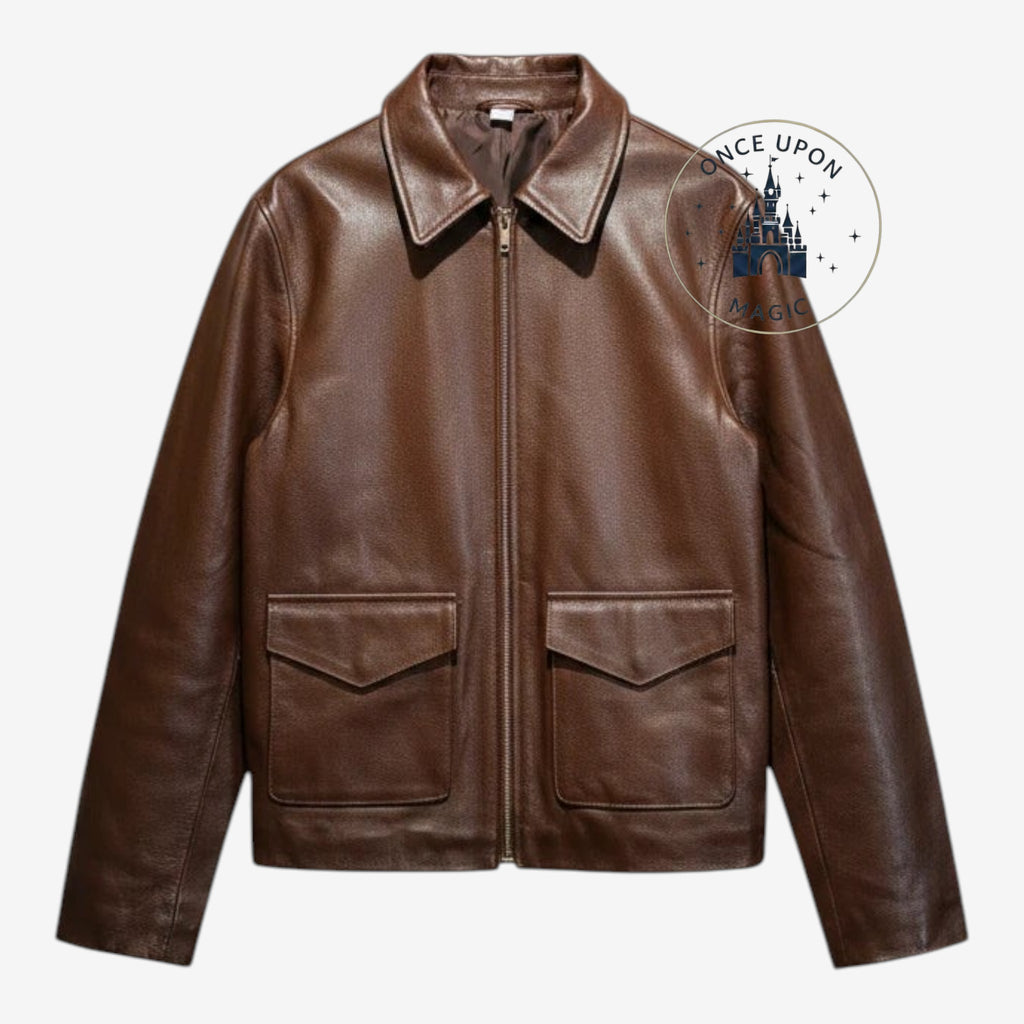 Once Upon Magic premium brown leather Indiana Jones collector jacket with front pockets and zip closure