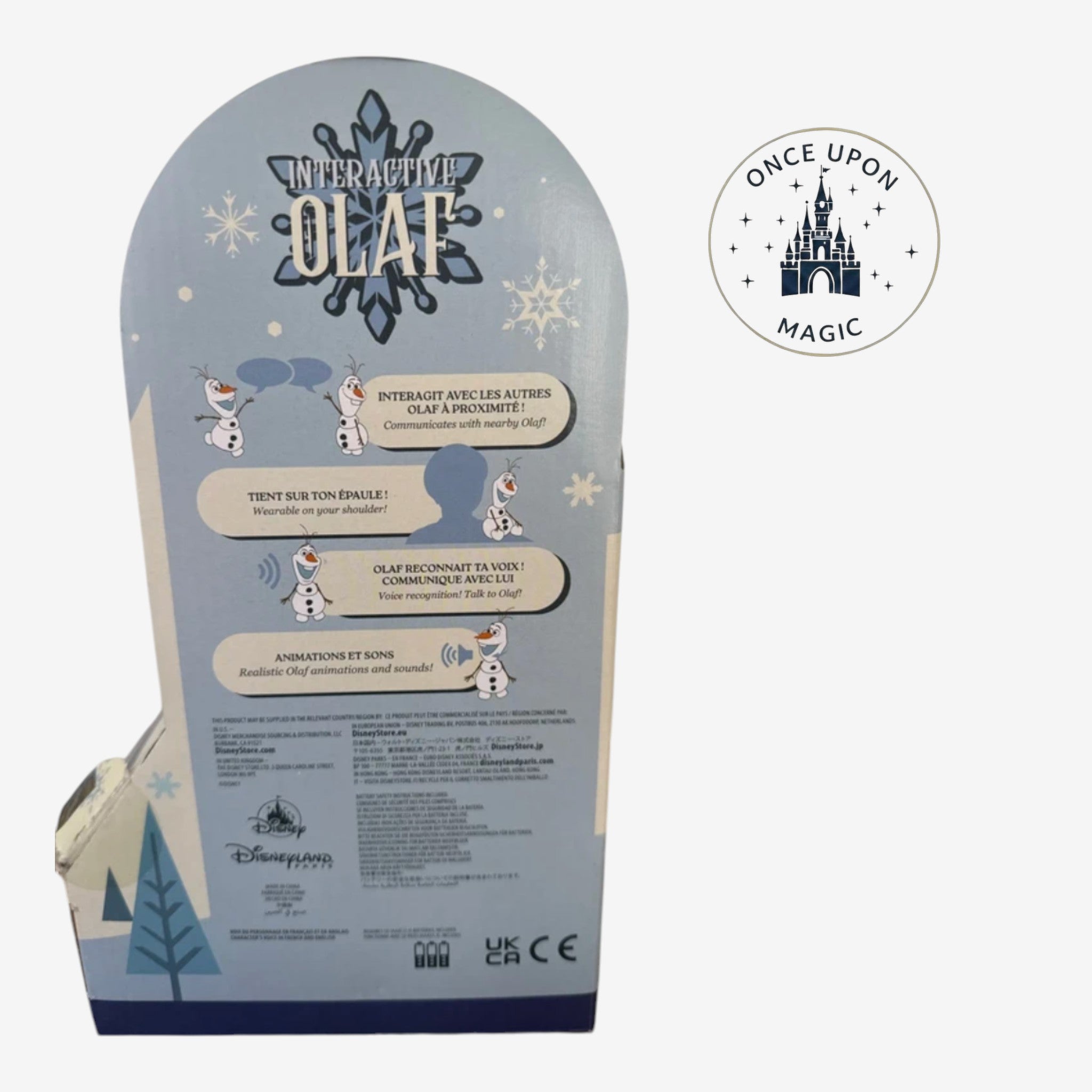 Once Upon Magic interactive Olaf plush toy that attaches to your shoulder and talks in French and English.
