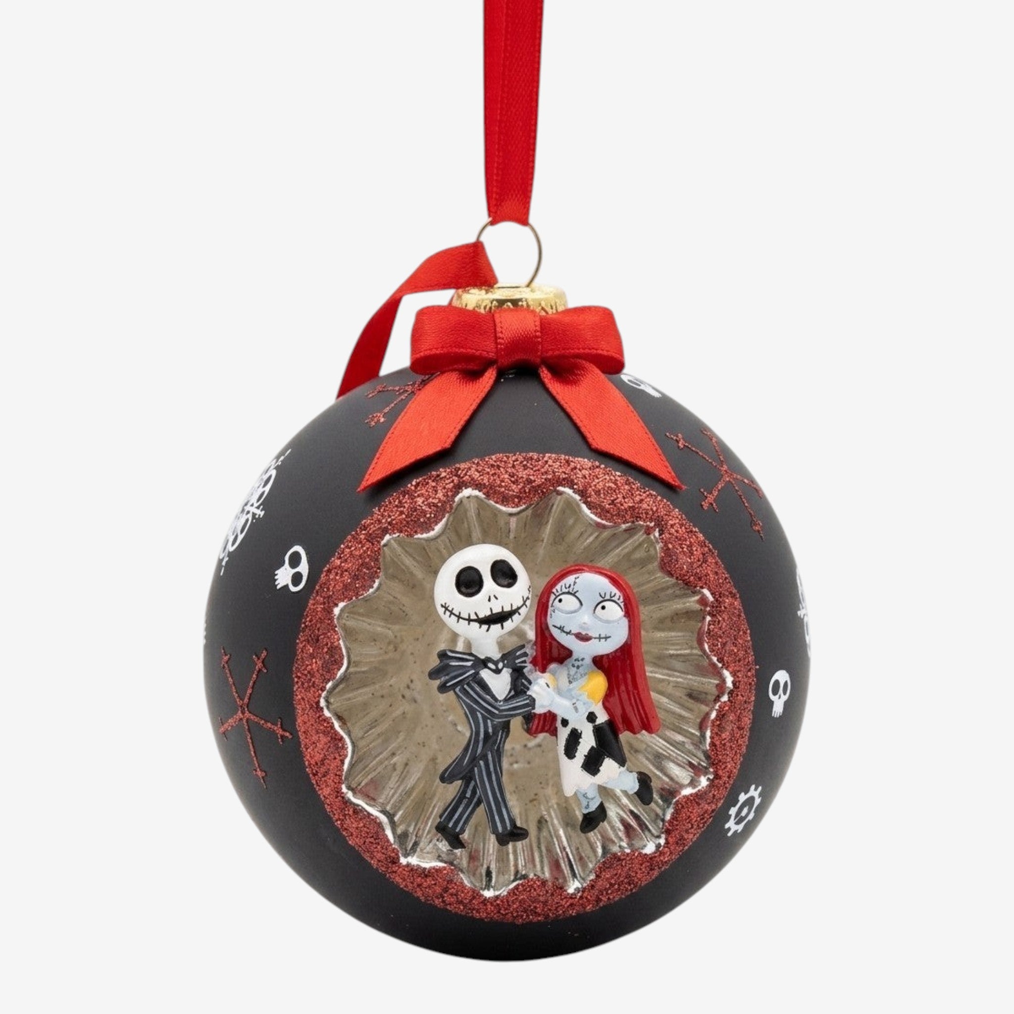 Once Upon Magic Jack Skellington and Sally dancing ornament, black bauble with snowflakes, skulls, red glitter border, and red ribbon.
